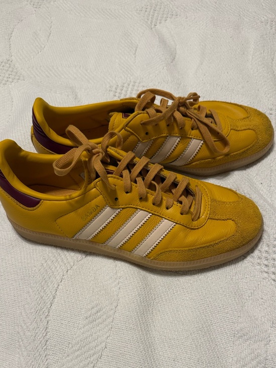adidas Shoes - adidas mustard yellow Samba Low-Top Sneakers with Cream Stripes and maroon Heel